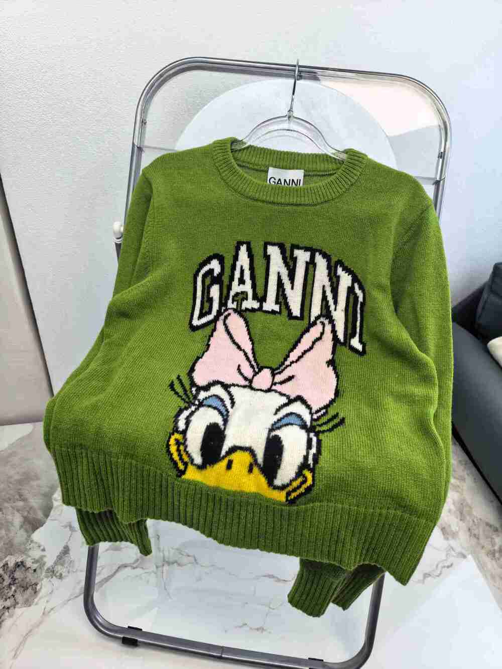 GANNI Crewneck Knitted Sweater Green Daisy Duck Cartoon Logo Cropped Top